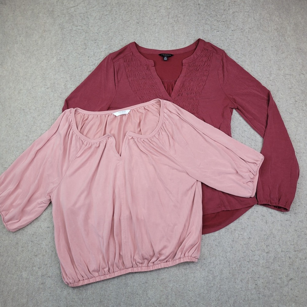 Lot of 2 Lucky Brand‎ Blouses Womens S Pink Red Top Long Sleeve V Neck